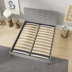 November Sleep Lit 120x190 cm avec tête de lit tissu gris Discount