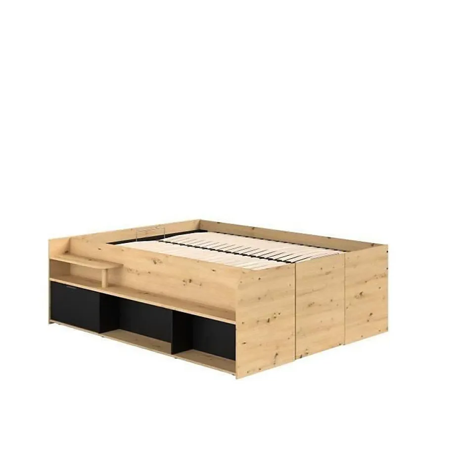 Parisot ODYSSEE Lit adulte - 140x200 cm - Avec coffre relevable - Décor chene et noir - L 166,2 x 66,5 x 205,8 cm Sale