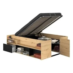 Parisot ODYSSEE Lit adulte - 140x200 cm - Avec coffre relevable - Décor chene et noir - L 166,2 x 66,5 x 205,8 cm Sale
