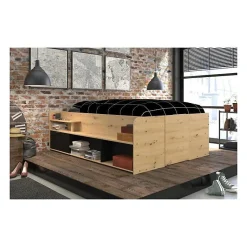 Parisot ODYSSEE Lit adulte - 140x200 cm - Avec coffre relevable - Décor chene et noir - L 166,2 x 66,5 x 205,8 cm Sale