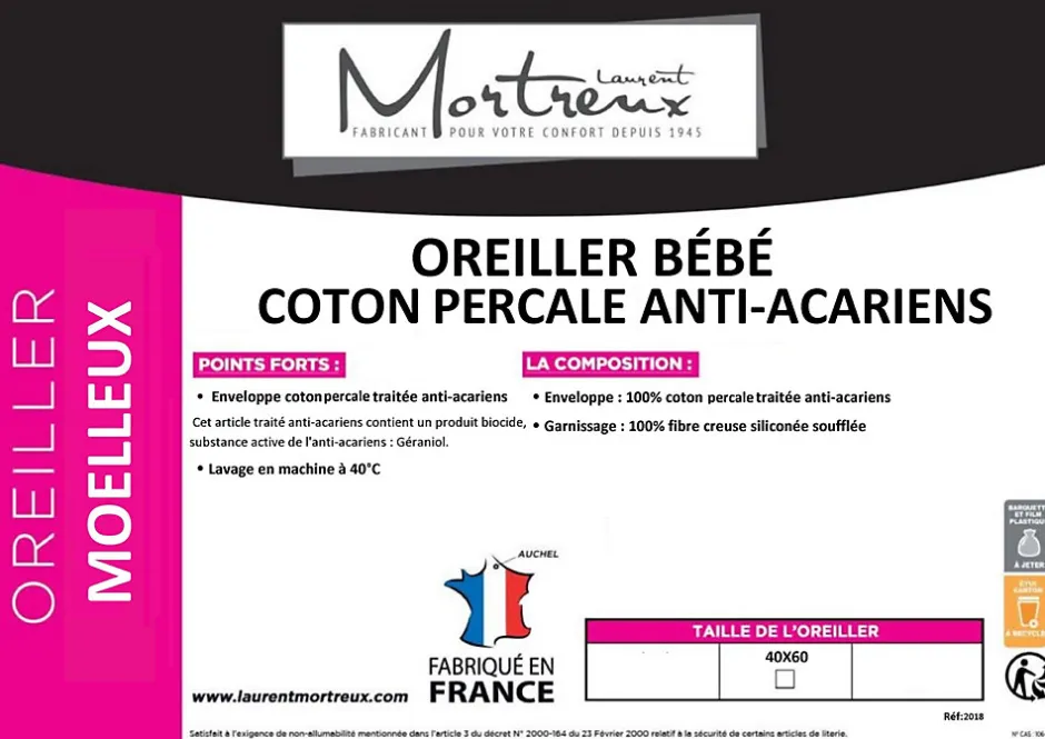 Mortreux Oreiller bébé Coton Percale anti-acariens - 40 x 60 - 39936
