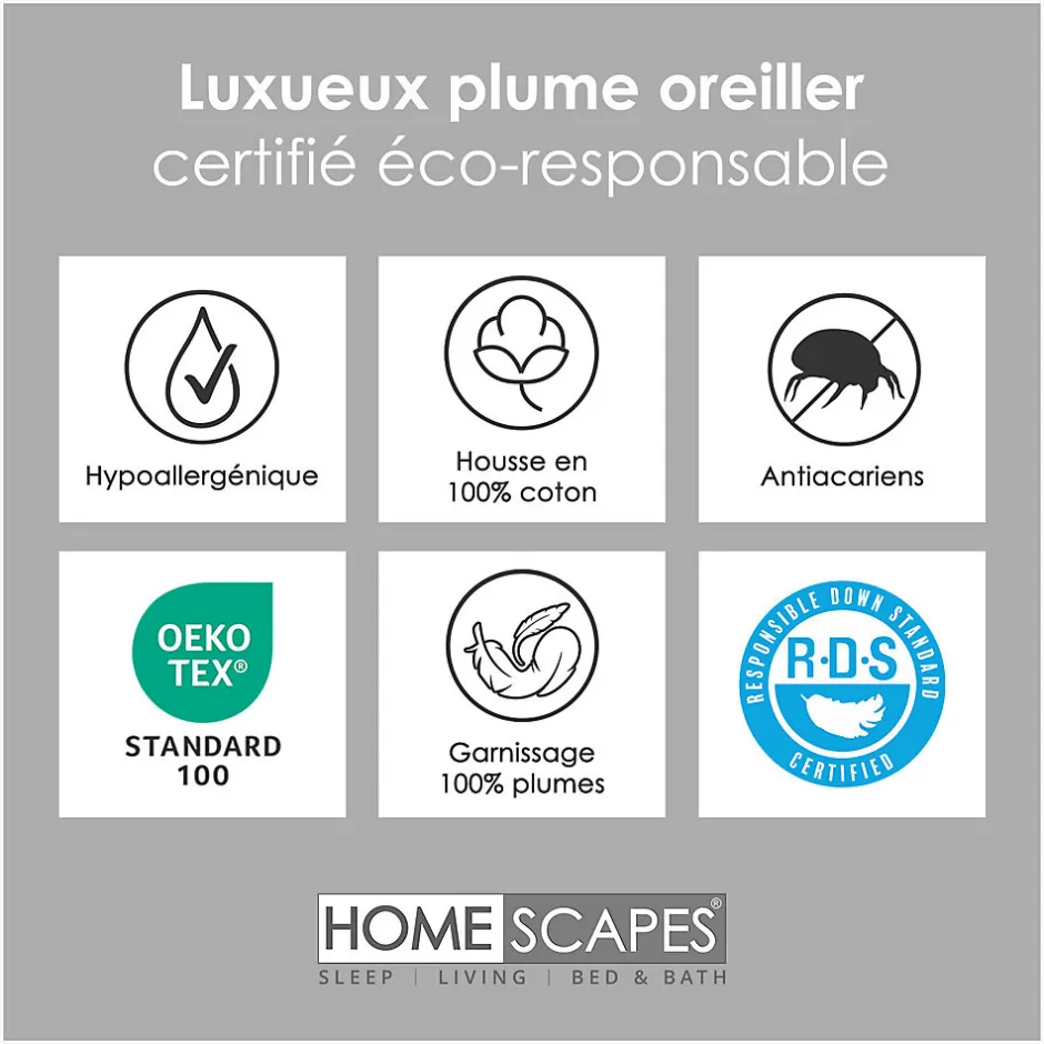 Homescapes Oreiller en plumes de canard 50 x 75 cm, lot de 2 -