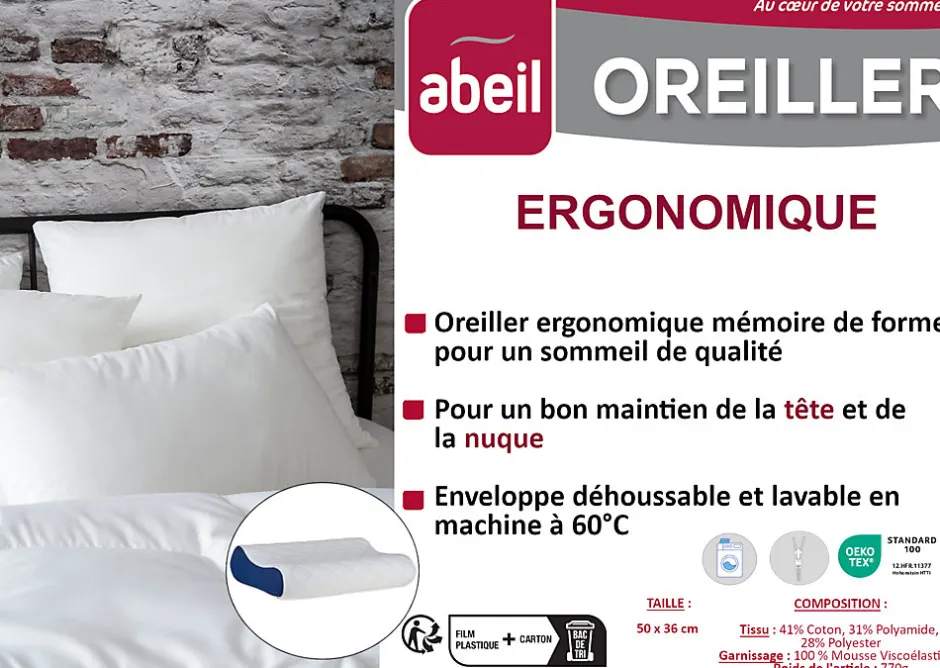 Abeil Oreiller ergonomique à mémoire de forme 50 x 36 x 10 cm blanc