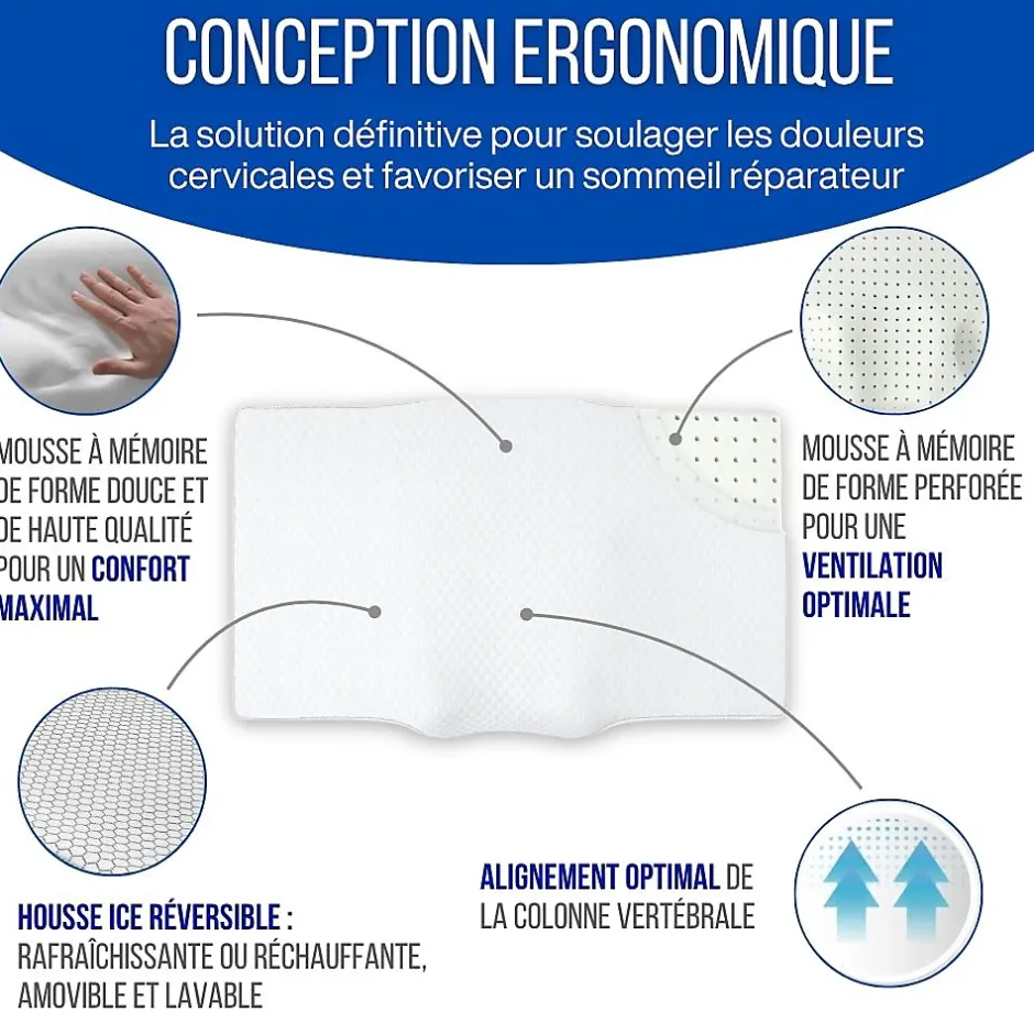 Inphysio Oreiller ergonomique anti-rides, anti-acouphène - extra grande - 65x42x10 - ERGO Discount