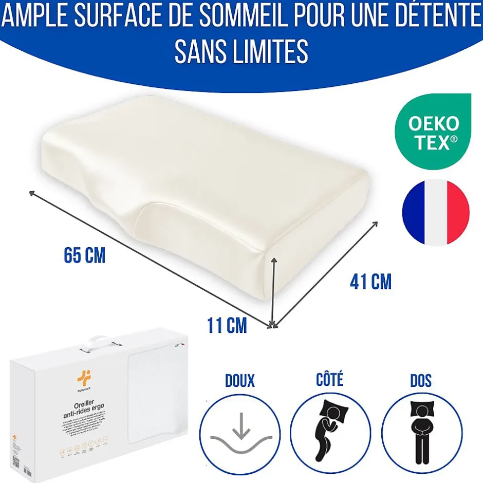Inphysio Oreiller ergonomique anti-rides avec taie d'oreiller en soie - extra grande - 65x42x10 - ERGO Clearance