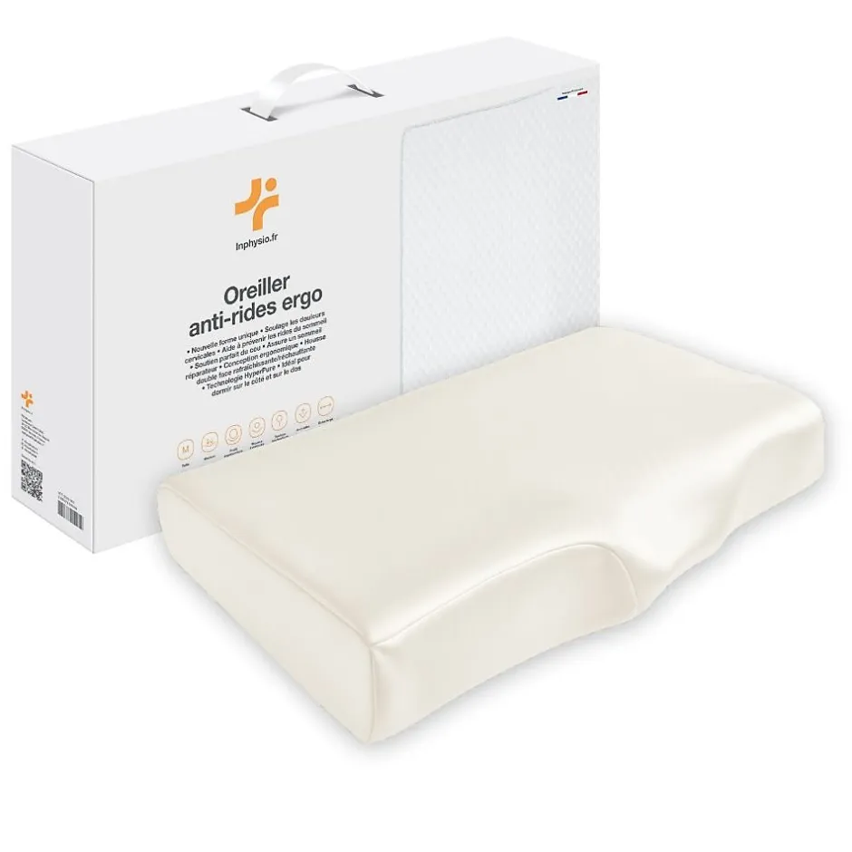 Inphysio Oreiller ergonomique anti-rides avec taie d'oreiller en soie - extra grande - 65x42x10 - ERGO Clearance