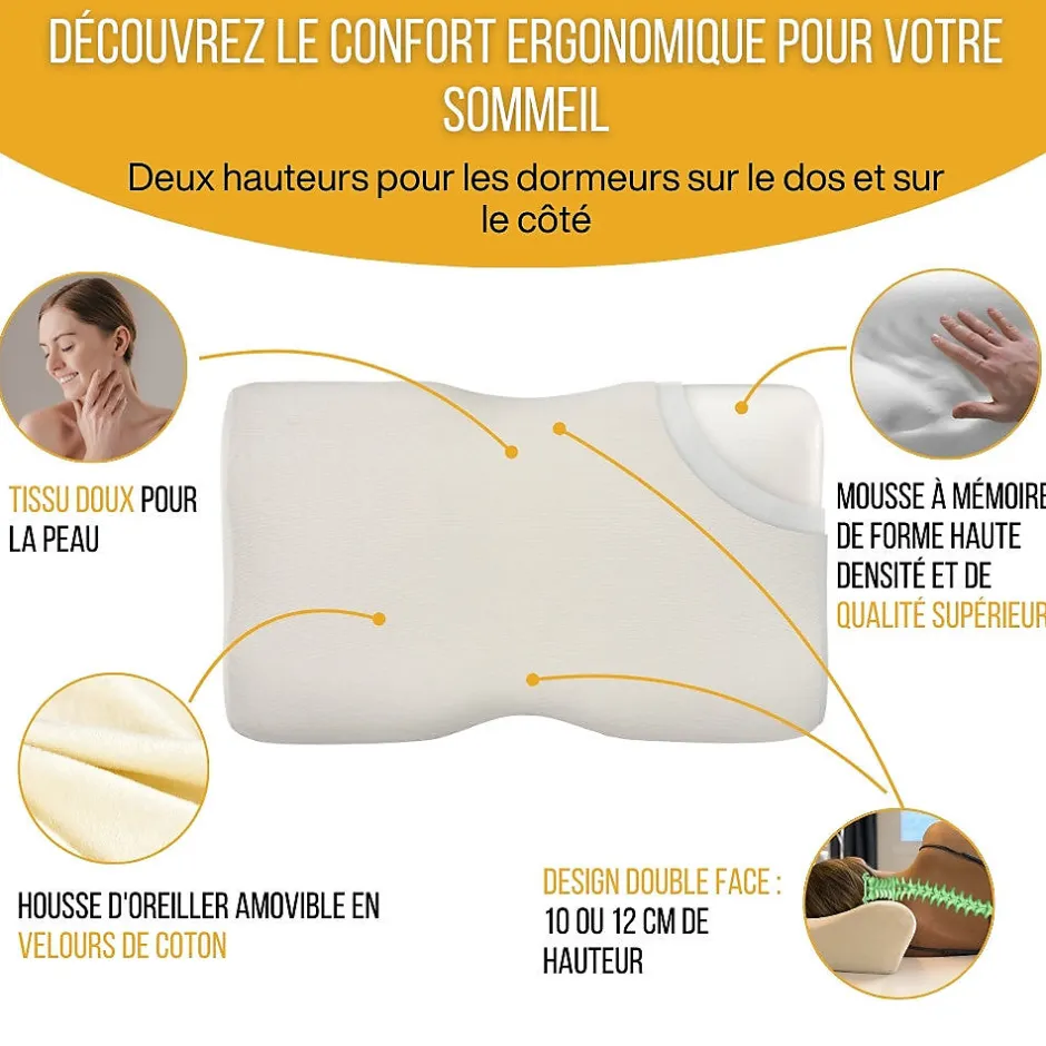 Inphysio Oreiller ergonomique cervical - deux hauteurs différentes - taie d'oreiller en coton - DUO PREMIUM