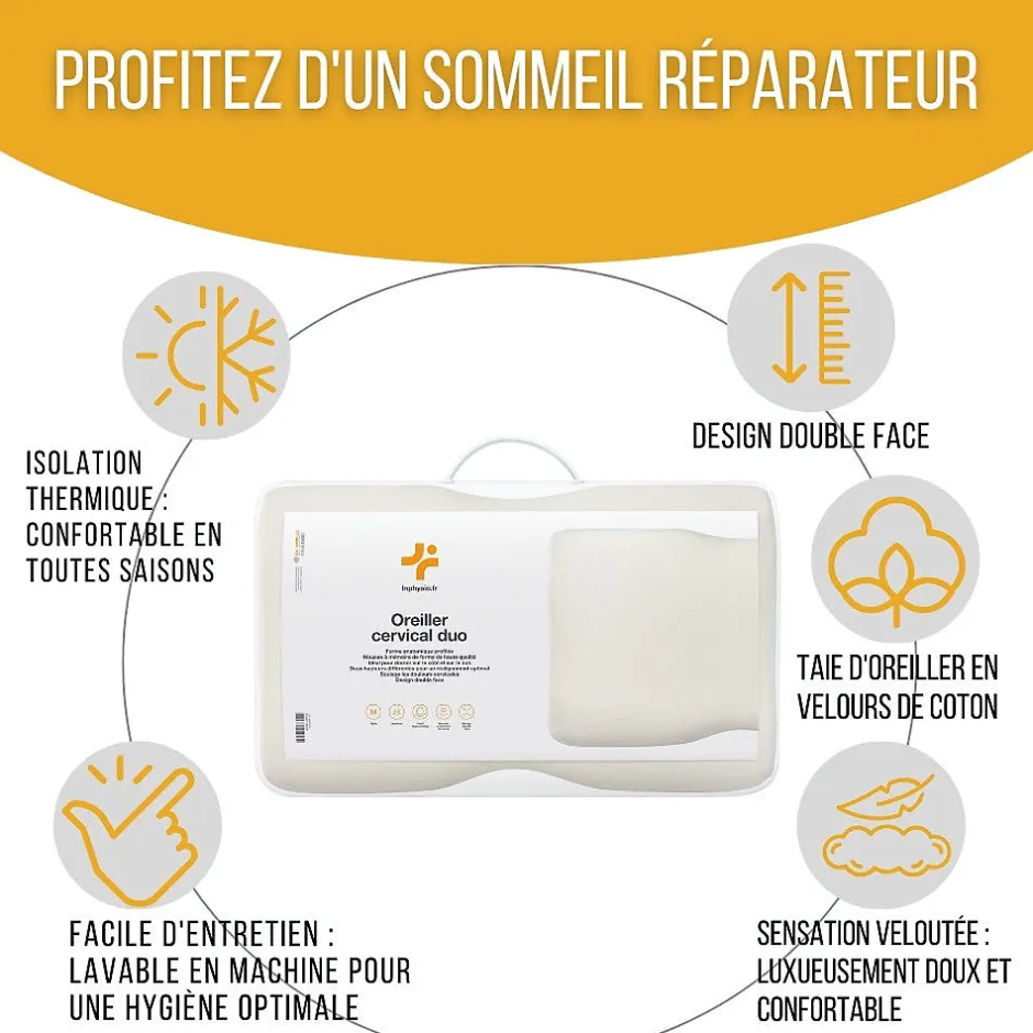 Inphysio Oreiller ergonomique cervical - deux hauteurs différentes - taie d'oreiller en coton - DUO PREMIUM