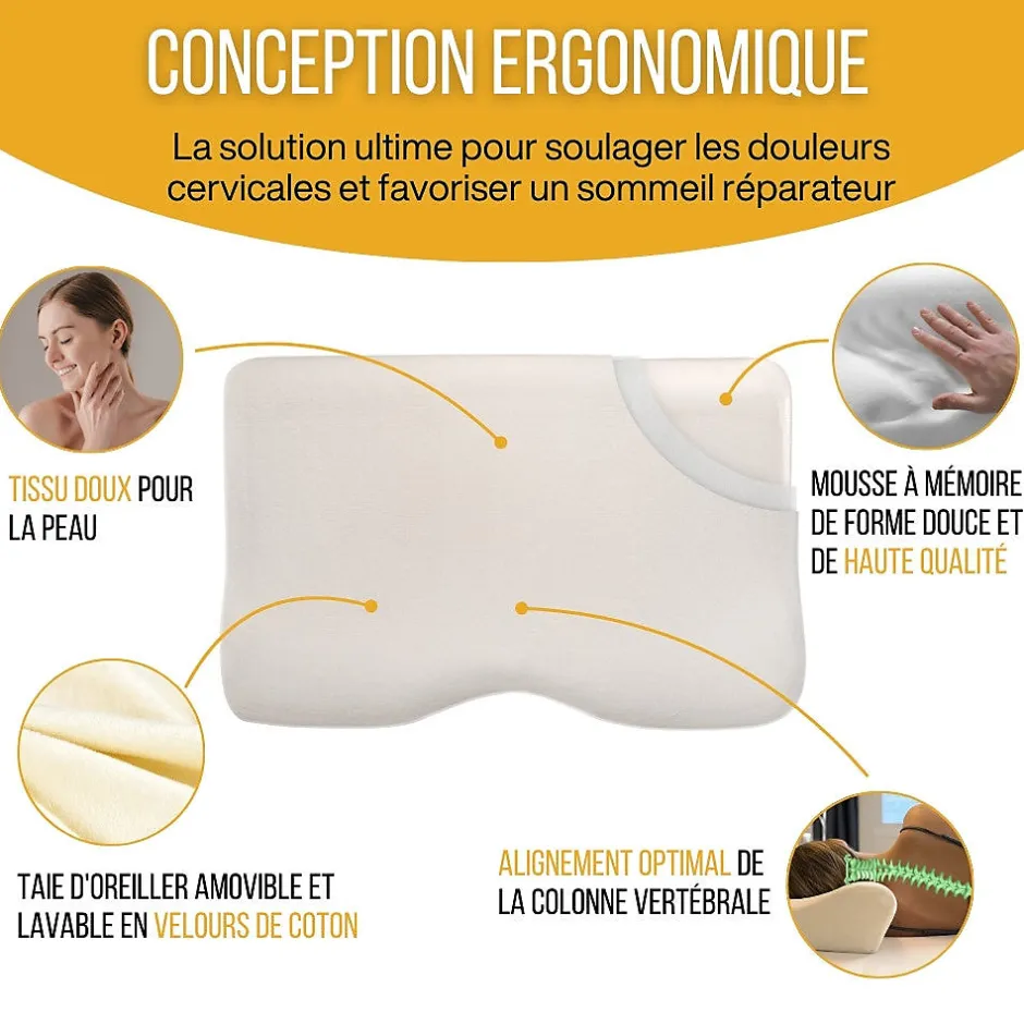 Inphysio Oreiller ergonomique cervical en mousse à mémoire - taie d'oreiller en coton - 54x33x12 - CONFORT PLUS