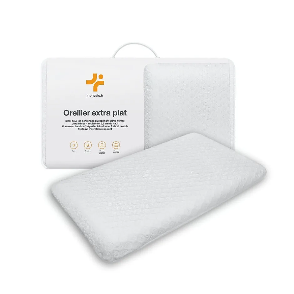 Inphysio Oreiller extra plat pour personnes qui dorment sur le ventre s 50x30x5,5 taie d'oreiller en bambou