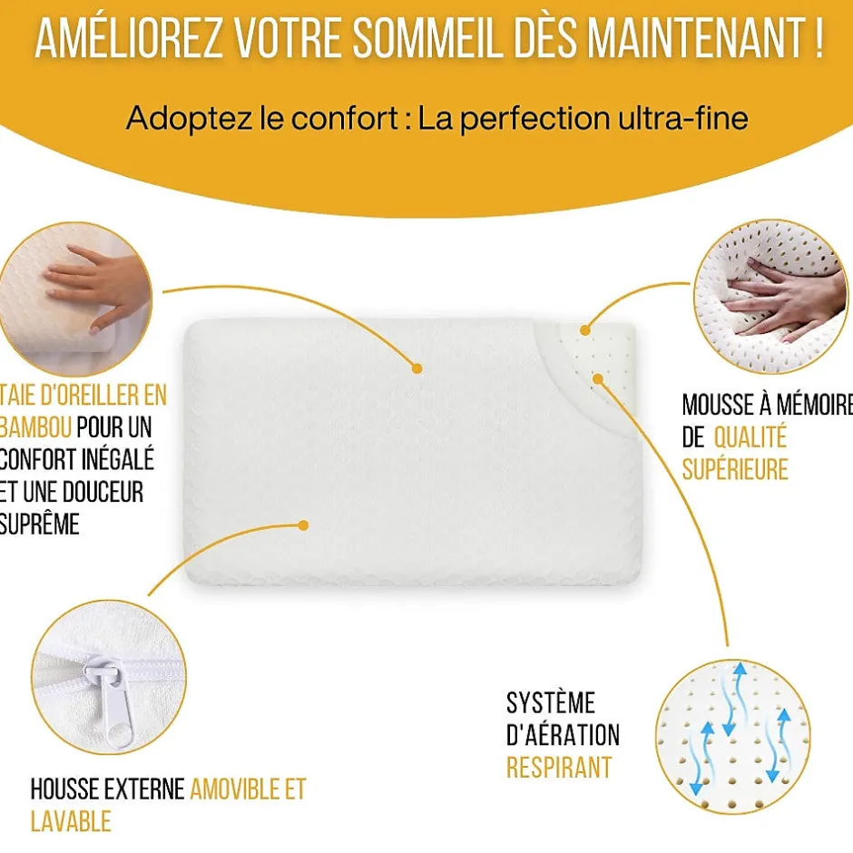 Inphysio Oreiller extra plat pour personnes qui dorment sur le ventre s 50x30x5,5 taie d'oreiller en bambou