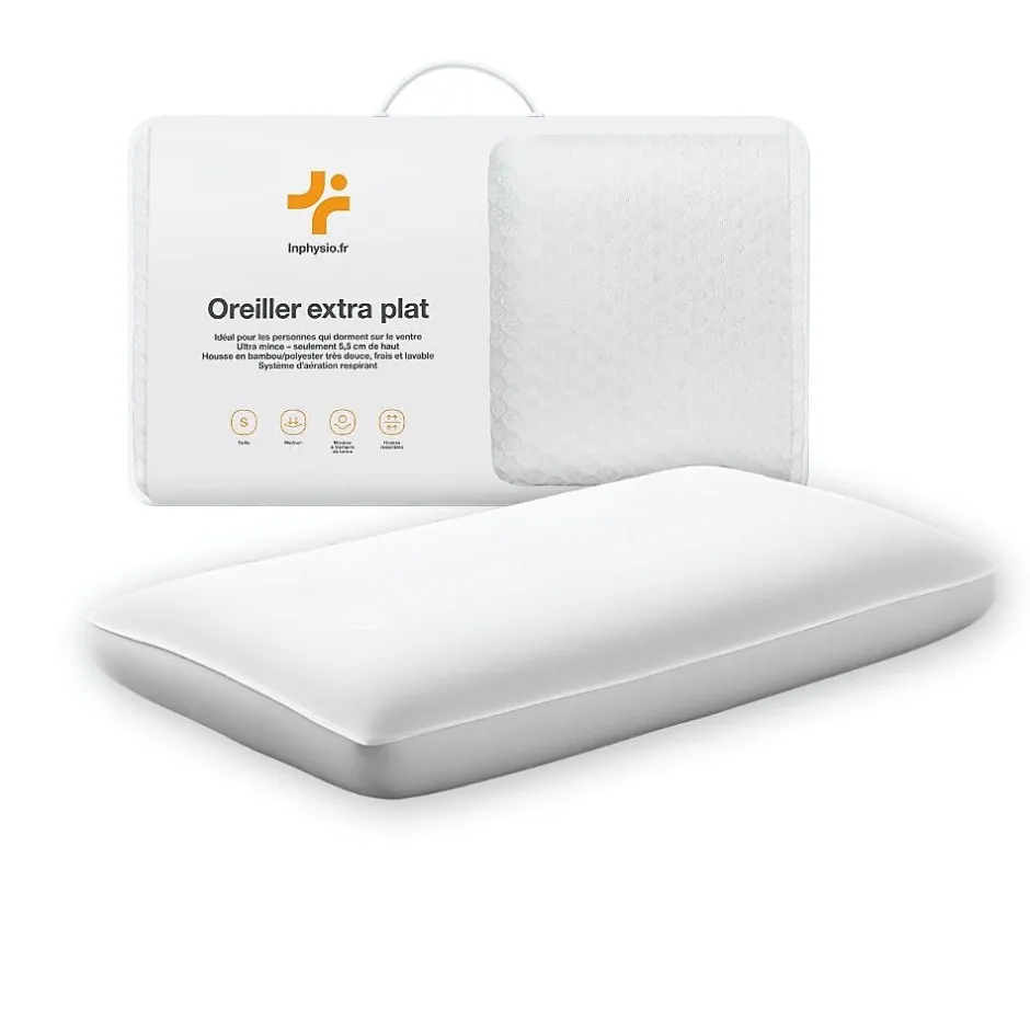 Inphysio Oreiller extra plat pour personnes qui dorment sur le ventre s et taie en satin extra 50x30x5,5