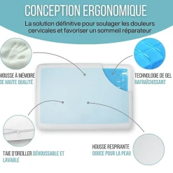 Inphysio Oreiller gel rafraîchissant rectangulaire double face, ergonomique, mémoire de forme, 60x40 cm