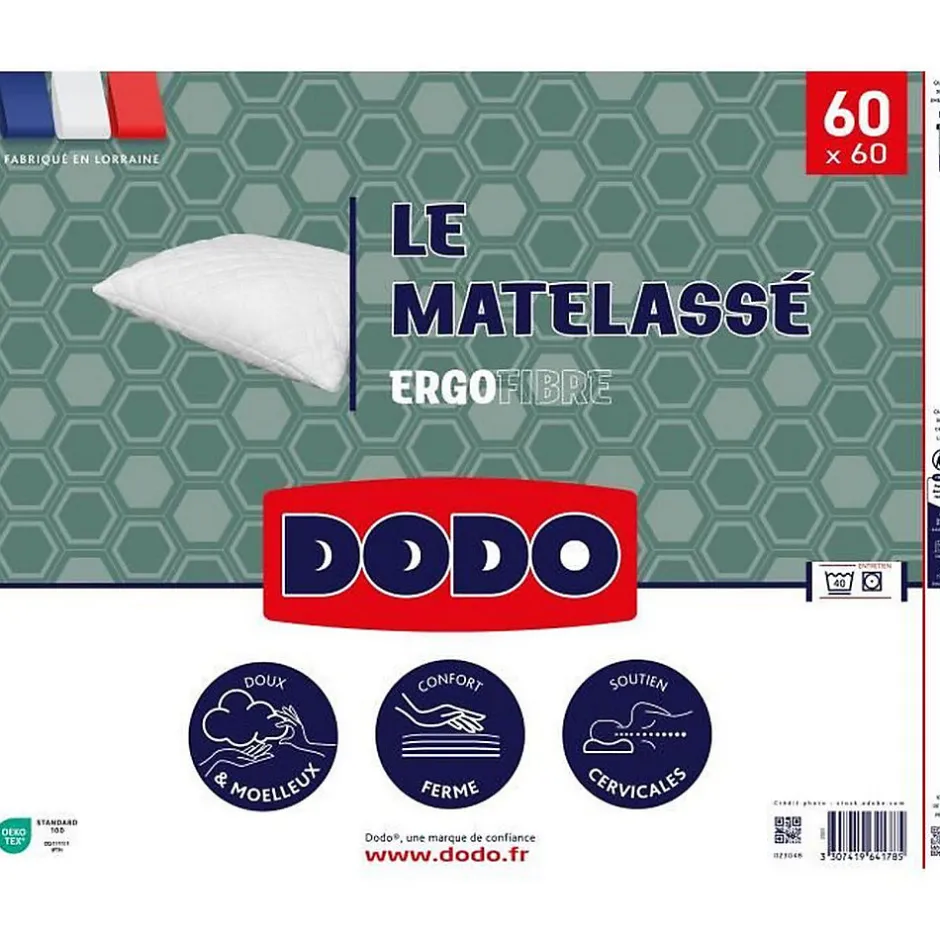 Dodo Oreiller Le Matelassé - 60x60 cm - Soutien ferme - Taie déhoussable - Fabriqué en France