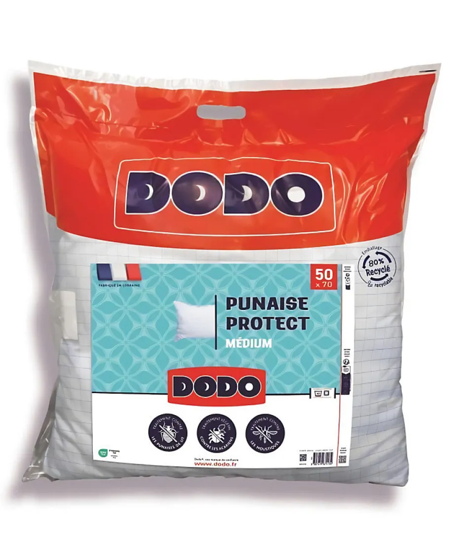 Dodo Oreiller médium 50x70 cm - Protection anti punaise, anti acarien - 550 gr - Blanc - Fabriqué en France