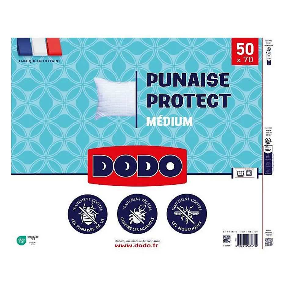 Dodo Oreiller médium 50x70 cm - Protection anti punaise, anti acarien - 550 gr - Blanc - Fabriqué en France