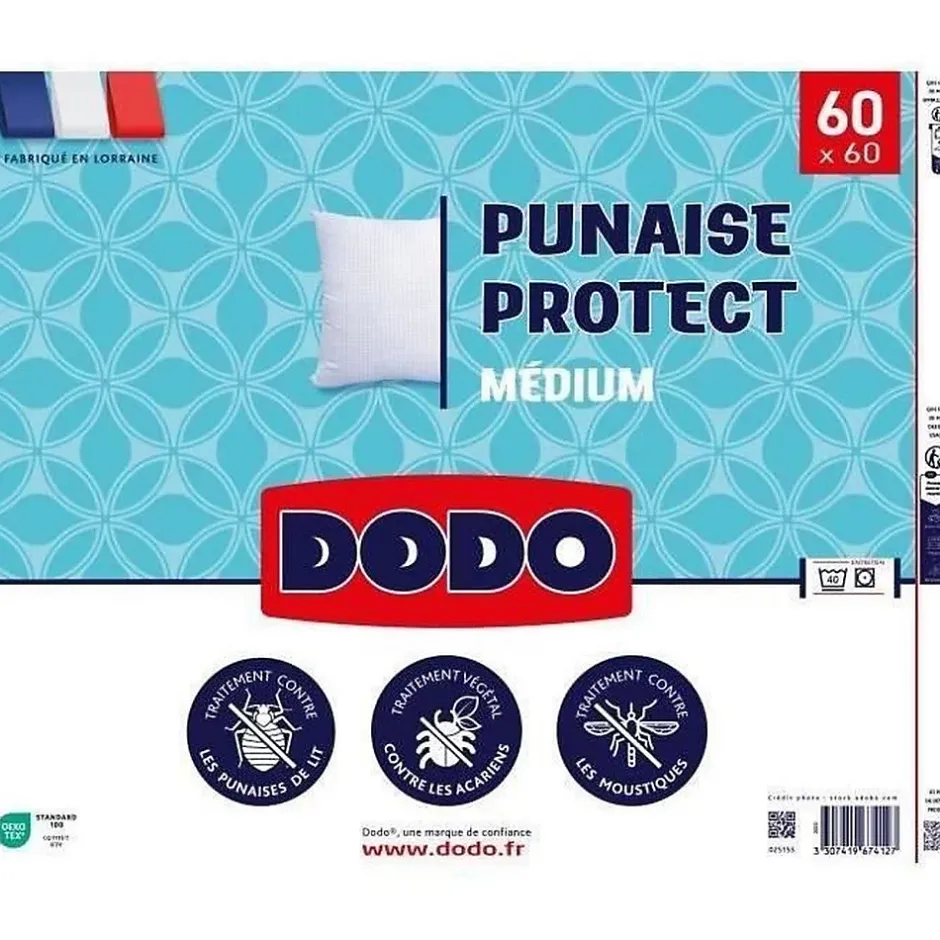 Dodo Oreiller médium 60x60 cm - Protection anti punaise, anti acarien - 550 gr - Blanc - Fabriqué en France Hot