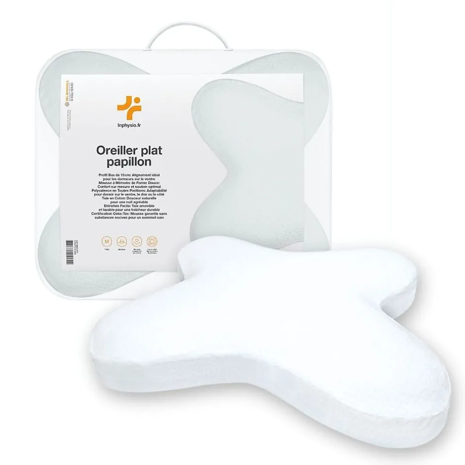 Inphysio Oreiller papillon plat mémoire de forme, profil bas 10 cm, multiposition, taie coton, 56x46 cm