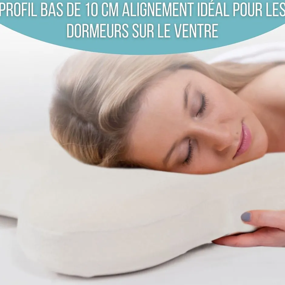 Inphysio Oreiller papillon plat mémoire de forme, profil bas 10 cm, multiposition, taie coton, 56x46 cm