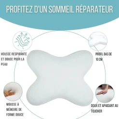 Inphysio Oreiller papillon plat mémoire de forme, profil bas 10 cm, multiposition, taie coton, 56x46 cm