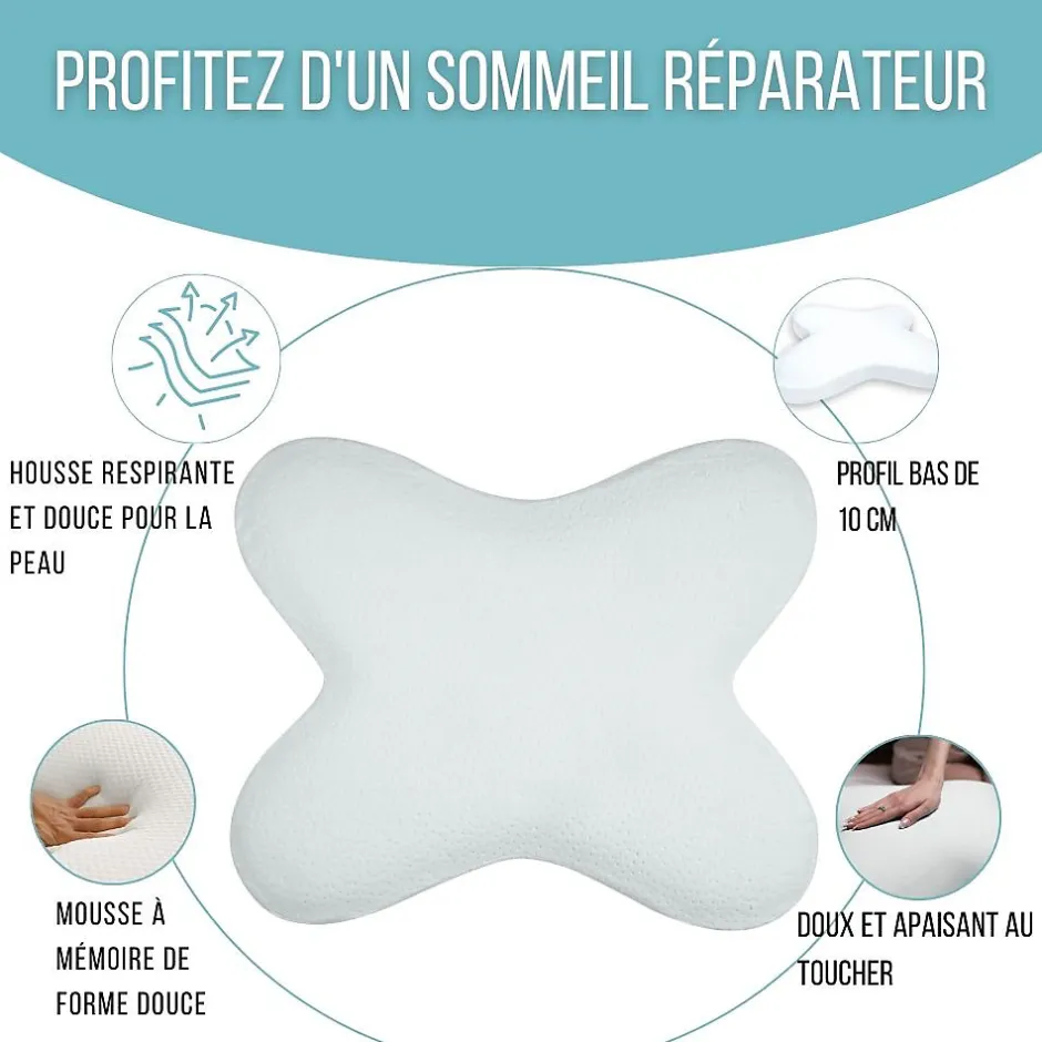 Inphysio Oreiller papillon plat mémoire de forme, profil bas 10 cm, multiposition, taie coton, 56x46 cm