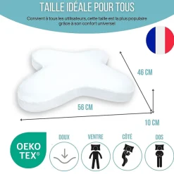 Inphysio Oreiller papillon plat mémoire de forme, profil bas 10 cm, multiposition, taie coton, 56x46 cm