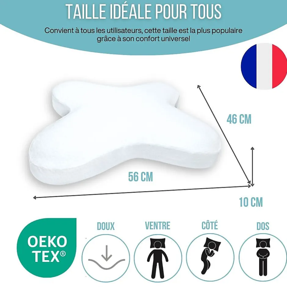 Inphysio Oreiller papillon plat mémoire de forme, profil bas 10 cm, multiposition, taie coton, 56x46 cm