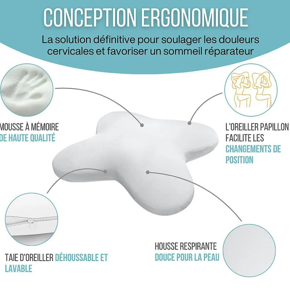 Inphysio Oreiller papillon rafraîchissant, gel refroidissant, mémoire de forme, 53x43 cm - PURE