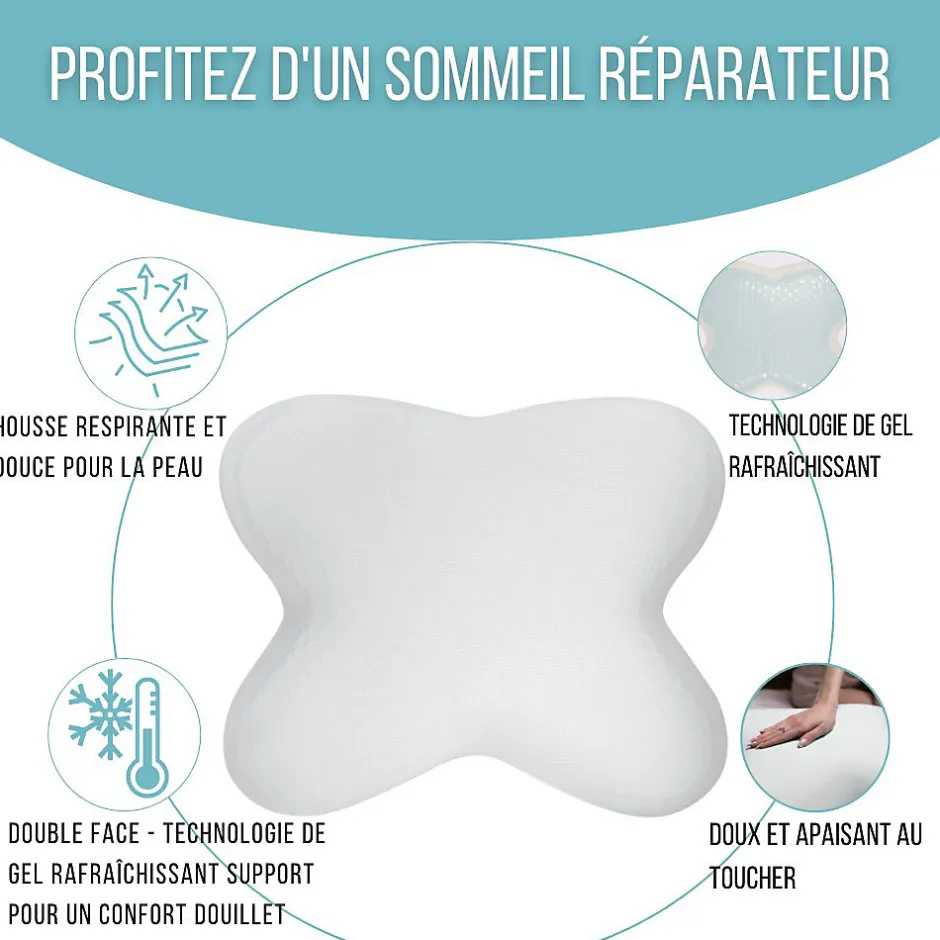 Inphysio Oreiller papillon rafraîchissant, gel refroidissant, mémoire de forme, 53x43 cm - PURE