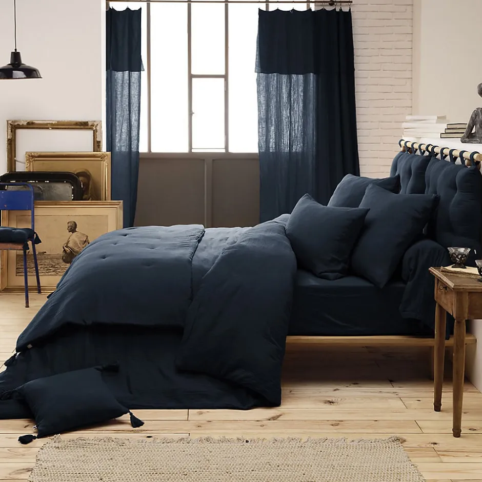 Altobuy OUREA - Chemin de Lit 90x200cm Capitonné Gaze de Coton Minuit