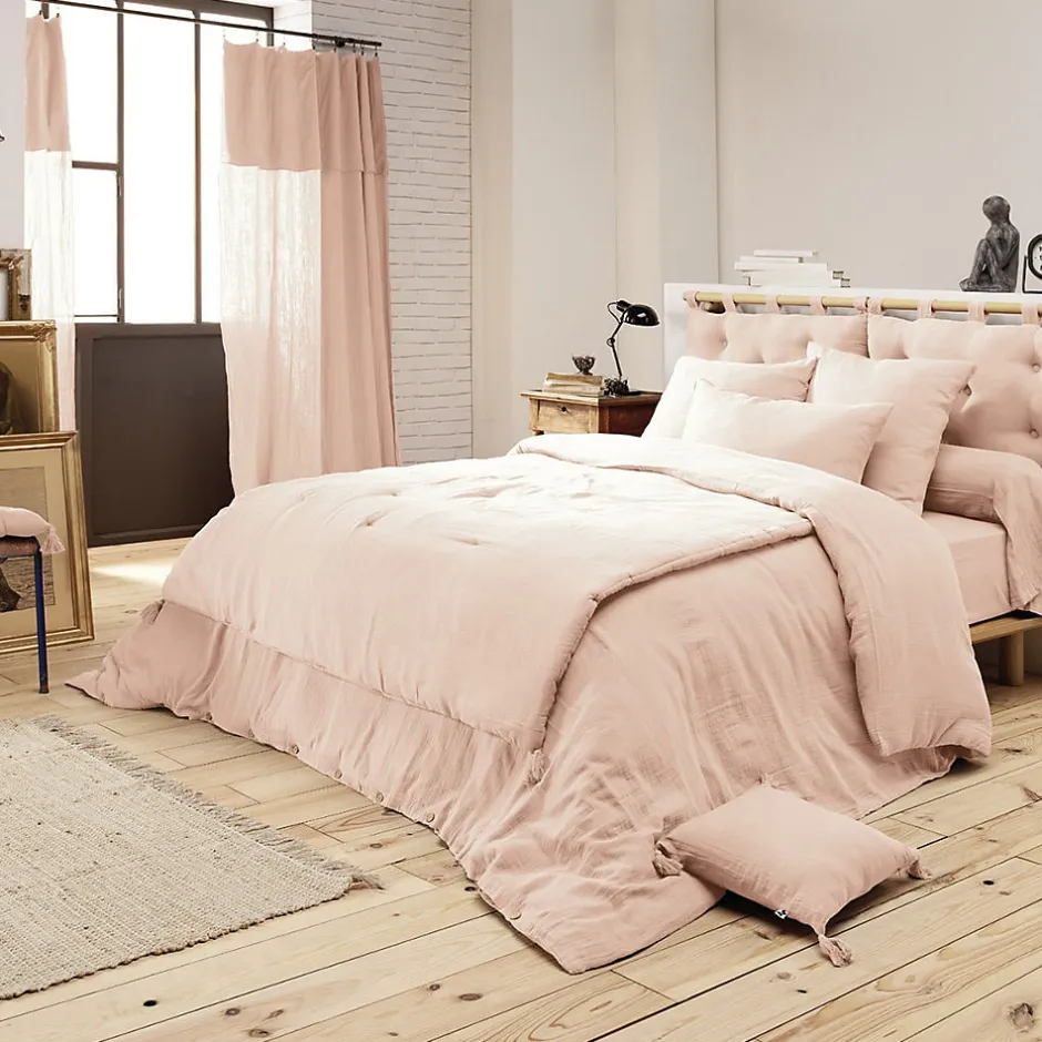Altobuy OUREA - Couvre-pied 150x150cm Capitonné Gaze de Coton Guimauve