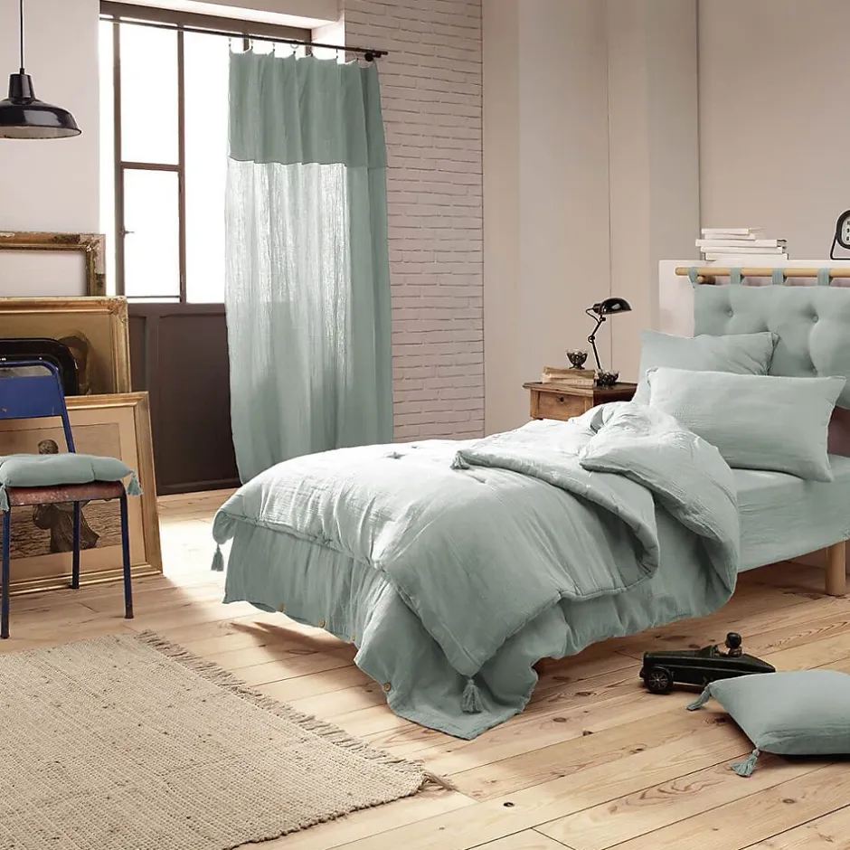 Altobuy OUREA - Couvre-pied 150x150cm Capitonné Gaze de Coton Eucalyptus Best