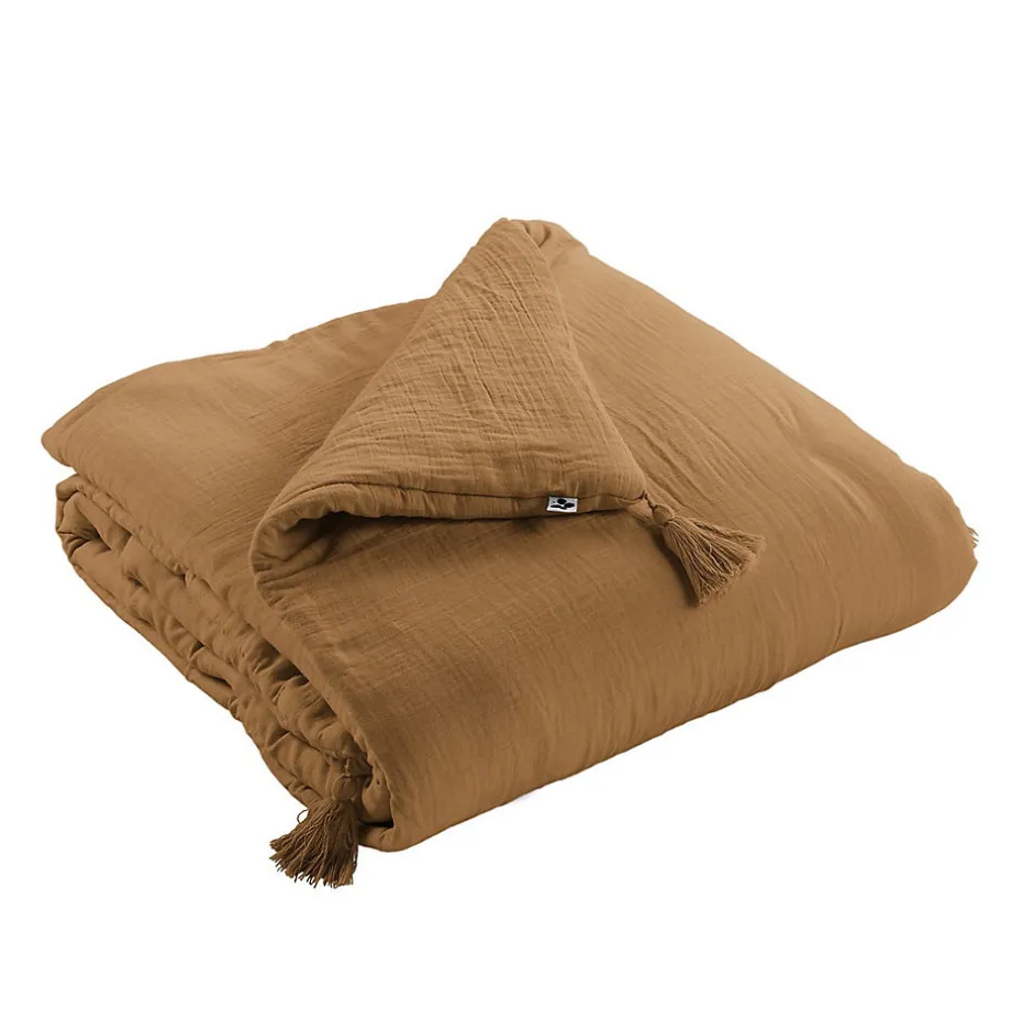 Altobuy OUREA - Couvre-pied 150x150cm Capitonné Gaze de Coton Camel