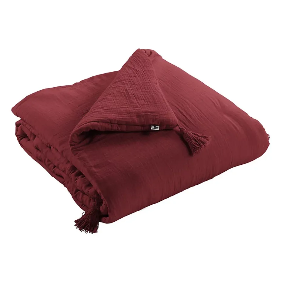 Altobuy OUREA - Couvre-pied 150x150cm Capitonné Gaze de Coton Lie de Vin Discount
