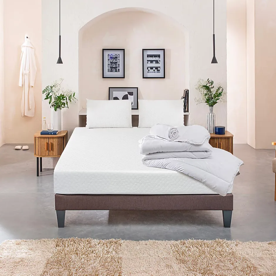 Bellecour Pack Absolu 160x200 cm Matelas Mousse + Sommier Bois + Accessoires Discount
