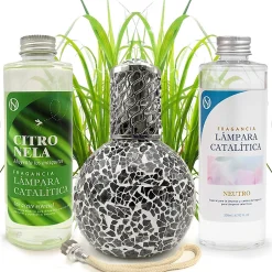 Mamamanuela Pack économique Lampe Catalytique Mosaïque Noir + Parfum Citronnelle (500 ml) + Nettoyant Neutre (200 ml) + Mèche de Rechange