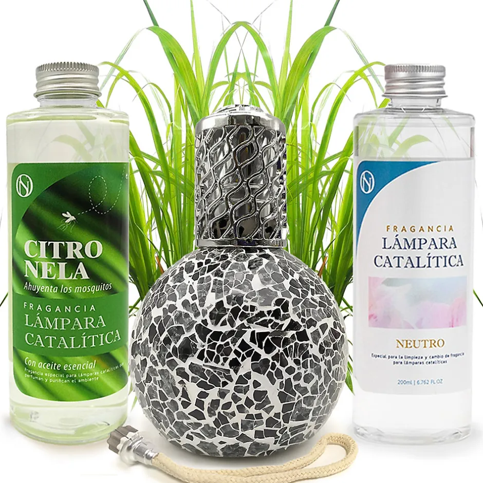 Mamamanuela Pack économique Lampe Catalytique Mosaïque Noir + Parfum Citronnelle (500 ml) + Nettoyant Neutre (200 ml) + Mèche de Rechange