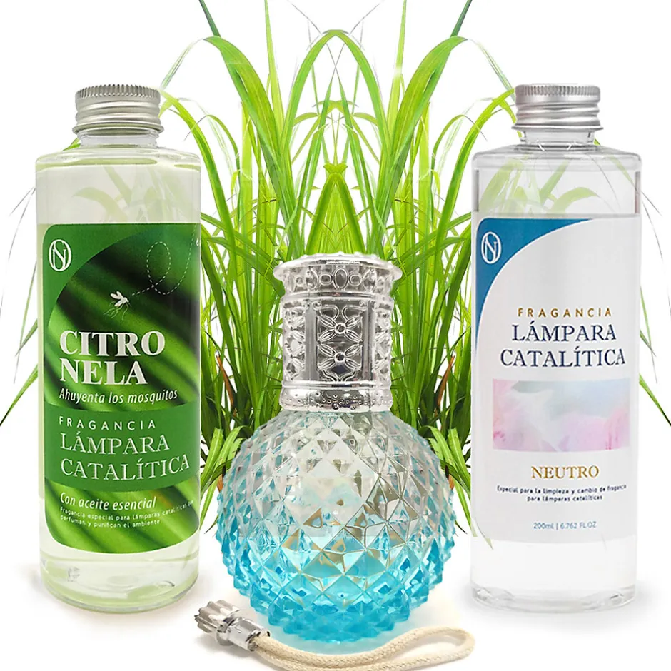 Mamamanuela Pack économique Lampe Catalytique Blue Diamonds + Parfum Citronnelle (200 ml) + Nettoyant Neutre (200 ml) + Mèche de Rechange
