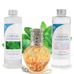 Mamamanuela Pack économique Lampe Catalytique Drops Orange + Parfum Mountain Mint (200 ml) + Nettoyant Neutre (200 ml) + Mèche de Rechange