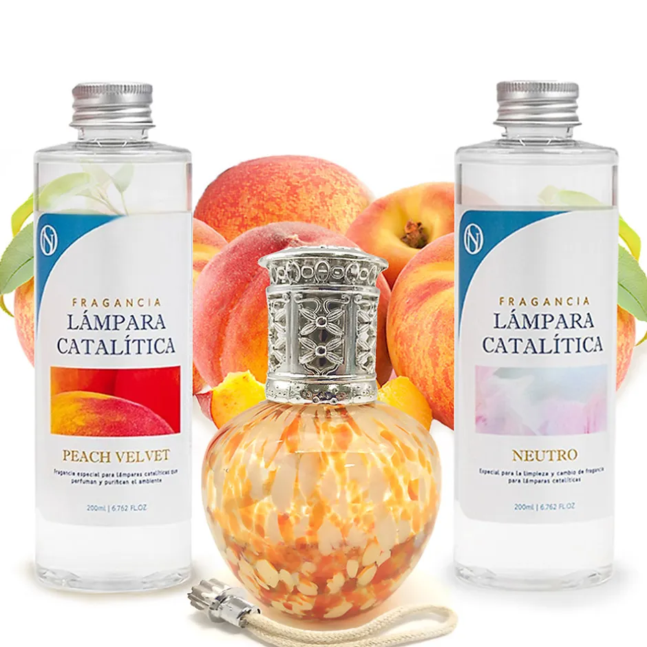 Mamamanuela Pack économique Lampe Catalytique Drops Orange + Parfum Peach Velvet (200 ml) + Nettoyant Neutre (200 ml) + Mèche de Rechange