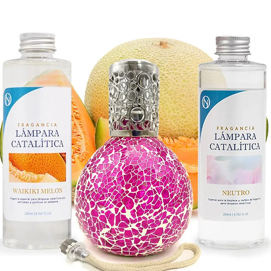 Mamamanuela Pack économique Lampe Catalytique Mosaïque Fuchsia + Parfum Waikiki Melon (500 ml) + Nettoyant Neutre (200 ml) + Mèche de Rechange