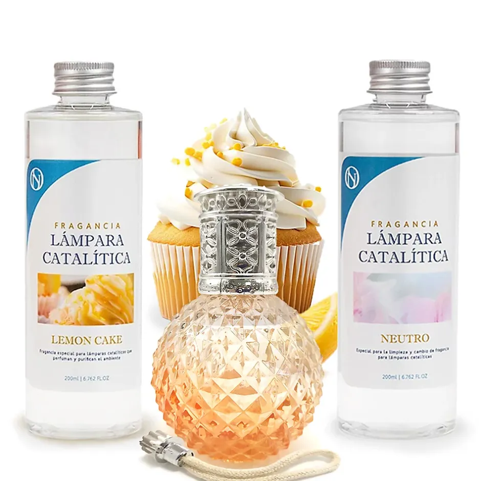 Mamamanuela Pack économique Lampe Catalytique Orange Diamonds + Parfum Lemon Cake (200 ml) + Nettoyant Neutre (200 ml) + Mèche de Rechange New