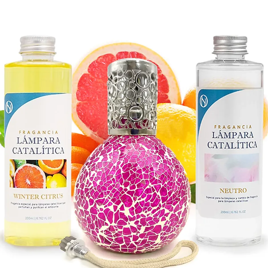 Mamamanuela Pack économique Lampe Catalytique Mosaïque Fuchsia + Parfum Winter Citrus (500 ml) + Nettoyant Neutre (200 ml) + Mèche de Rechange Best
