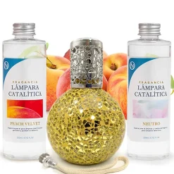 Mamamanuela Pack économique Lampe Catalytique Mosaïque Doré + Parfum Peach Velvet (500 ml) + Nettoyant Neutre (200 ml) + Mèche de Rechange