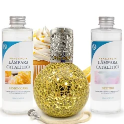 Mamamanuela Pack économique Lampe Catalytique Mosaïque Doré + Parfum Lemon Cake (200 ml) + Nettoyant Neutre (200 ml) + Mèche Rechange Discount