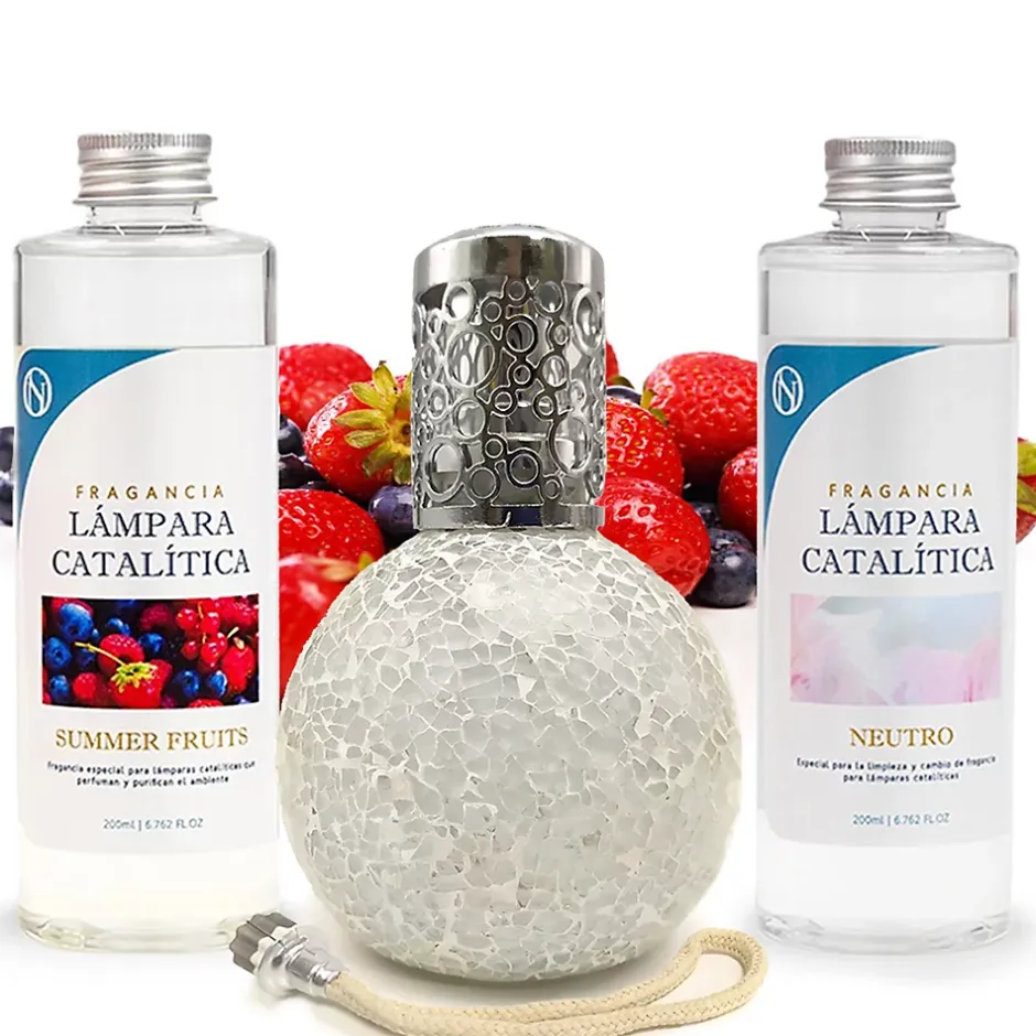 Mamamanuela Pack économique Lampe Catalytique Mosaïque Blanc + Parfum Summer Fruits (200 ml) + Nettoyant Neutre (200 ml) + Mèche de Rechange Best