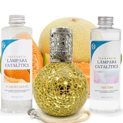Mamamanuela Pack économique Lampe Catalytique Mosaïque Doré + Parfum Waikiki Melon (500 ml) + Nettoyant Neutre (200 ml) + Mèche de Rechange Best