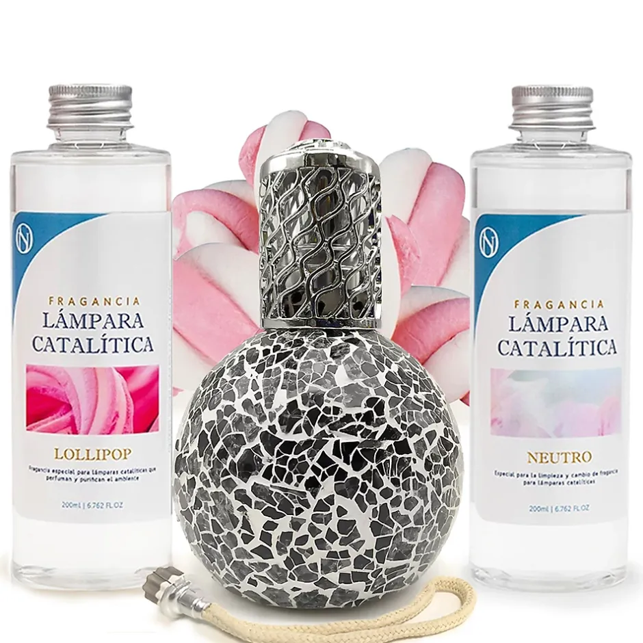 Mamamanuela Pack économique Lampe Catalytique Mosaïque Noir + Parfum Lollipop (500 ml) + Nettoyant Neutre (200 ml) + Mèche de Rechange Best