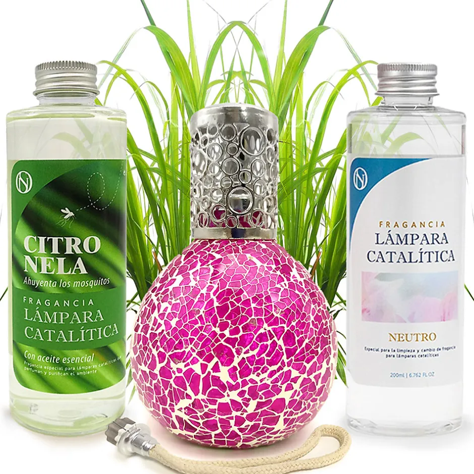 Mamamanuela Pack économique Lampe Catalytique Mosaïque Fuchsia + Parfum Citronnelle (200 ml) + Nettoyant Neutre (200 ml) + Mèche de Rechange