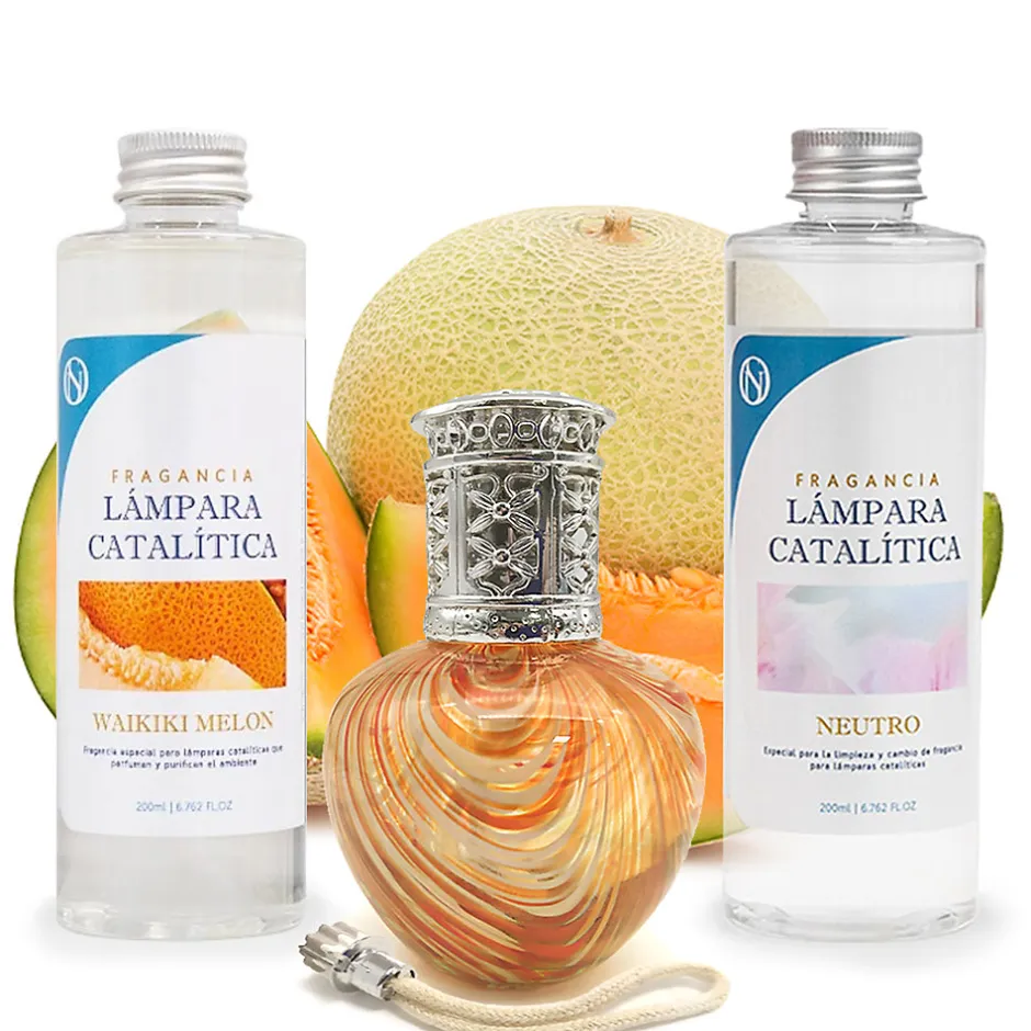 Mamamanuela Pack économique Lampe Catalytique Orange Waves + Parfum Waikiki Melon (200 ml) + Nettoyant Neutre (200 ml) + Mèche de Rechange